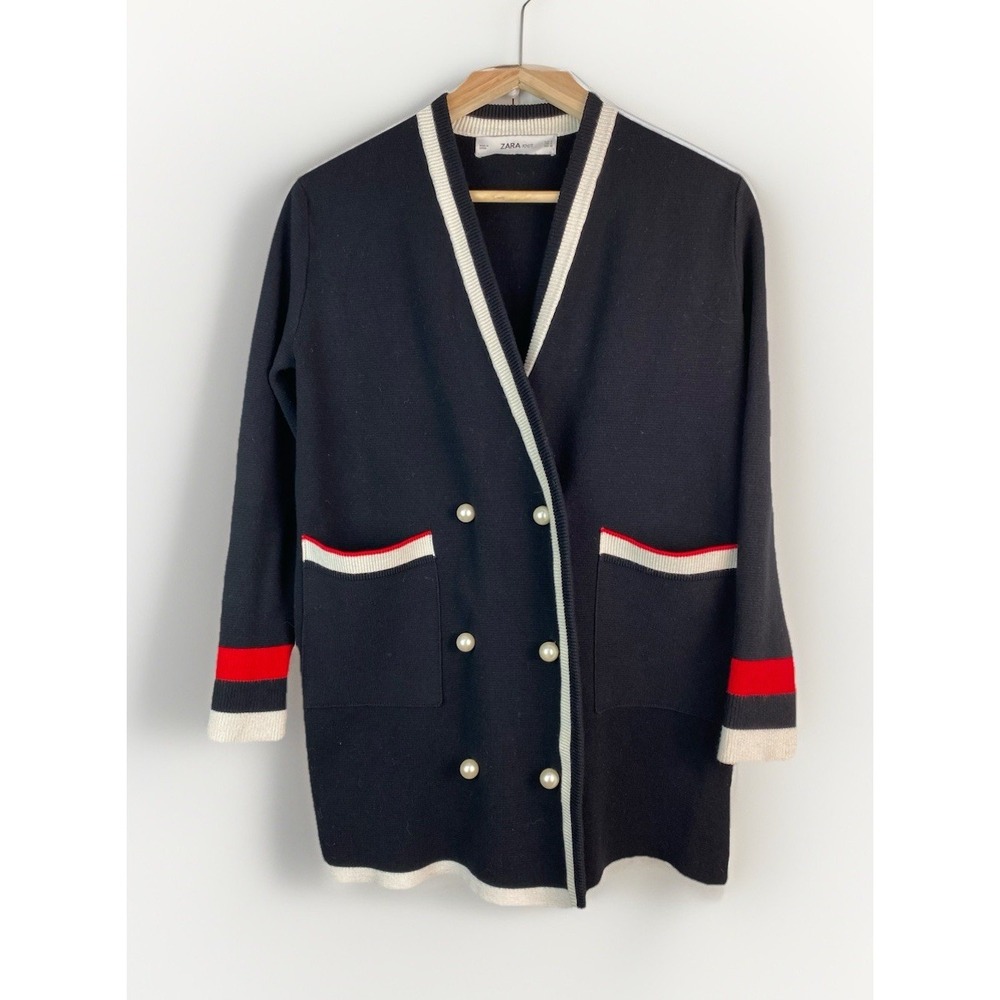 Zara Knit Women's S Black Double Breasted Pearl Button Cardigan Sweater